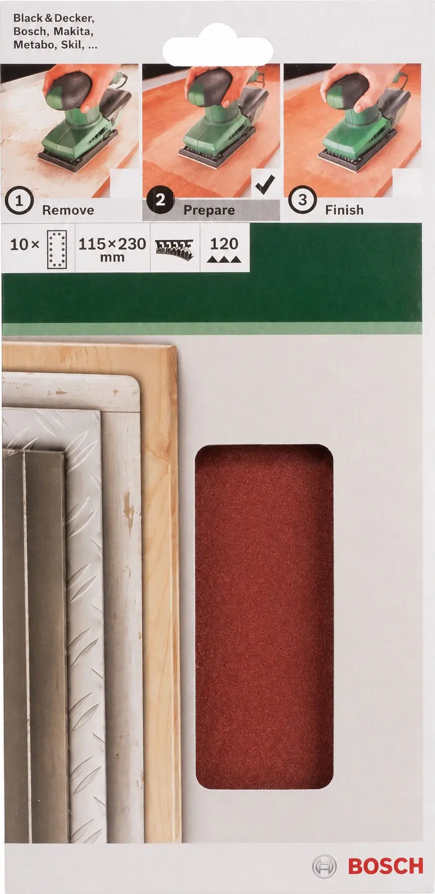 Bosch - Titreşimli Zımpara Kağıdı 10'lu, 115 x 230 mm 180 Kum 14 Delik